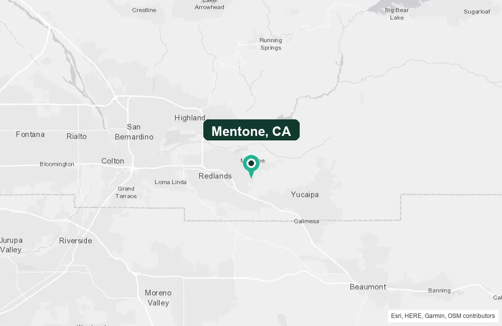 Map of Mentone, California and the surrounding San Bernardino County area service area